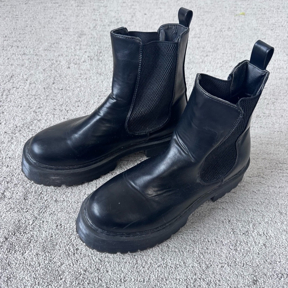 Black Chunky Chelsea Boots Lug Sole Platform Ankle Boots EU 38